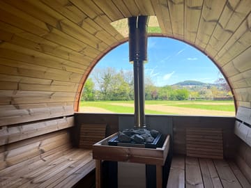 View from inside the scandinavian barrel sauna