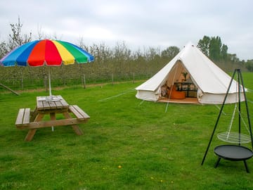 Each bell tent has its own picnic table and cooking firepit