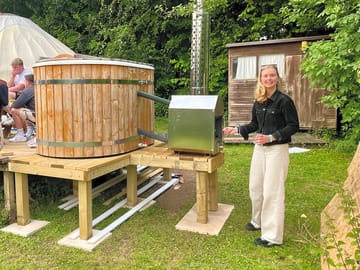 The private yurt hot tub is installed! modelled by our daughter!