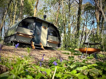 Saltings eden landpod, with adjacent bathroom and outdoor kitchen