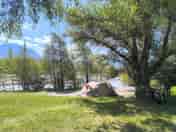 Pitch between the river and trees