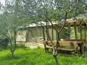 Yurt exterior with a picnic table