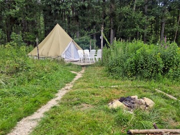 Bell tent with decking and firepit