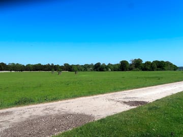 Flat grass field with horse lorries welcome