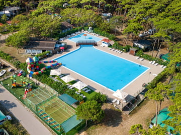 Aerial view of pool, play area and splash park