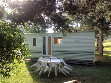 Static caravan with outdoor table