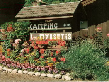 Site entrance with colourful flowers