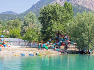 Beach/swimming area with waterslides