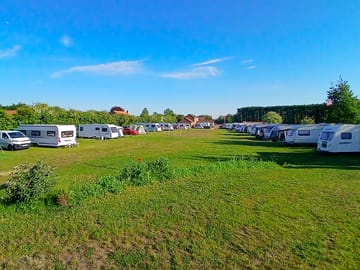 A view of one of the non-electric grass tent pitches near one of the fishing ponds.
