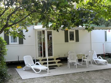 Outdoor furniture outside a caravan