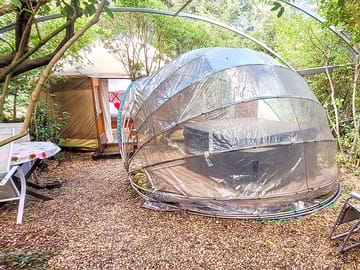 Hot tub and exterior of the yurt