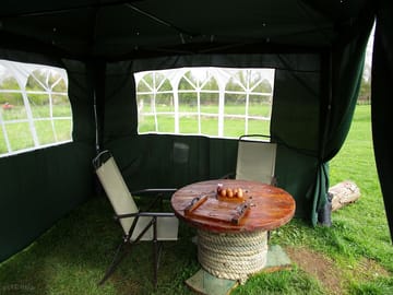 The gazebo and upcycled cable reel table
