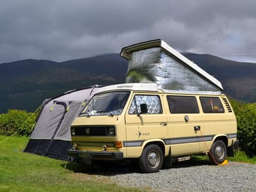 Classic campervan on a pitch with skiddaw view
