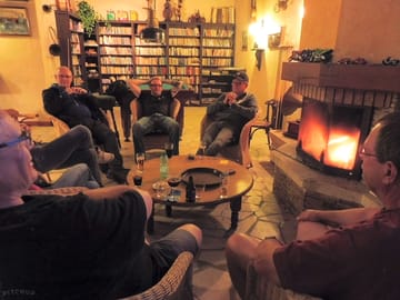 Relaxing by the fire in the on-site restaurant