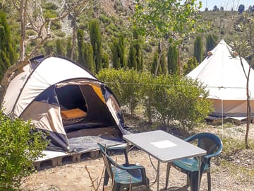 Tent with full bed for 1 person, table, chairs and battery operated light