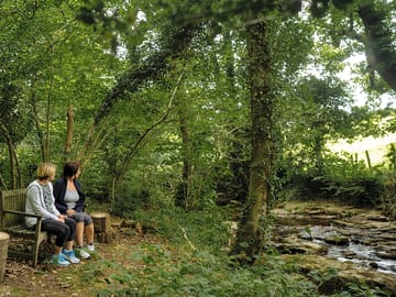 Seating by the stream and waterfall