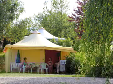 Funflower two-bedroom rental tent with bathroom