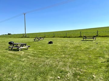 Communal picnic area with fire pit