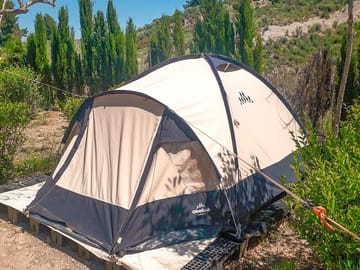 Tent with full bed for 1 person, table, chairs and battery operated light