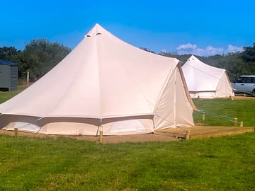 The grass has grown around each bell tent now.
