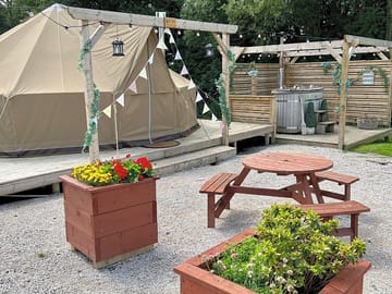Bell tent with wood fired hot tub