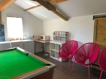 Games room with snooker table, dvd library, microwave, kettle, fridges and freezers