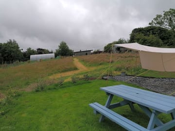 View from bell tent towards flower farm and penhallow barn