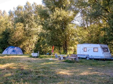 Spacious pitches surrounded by trees