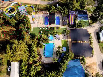 Aerial Shot of Pool area, Splash Park & Waterslide