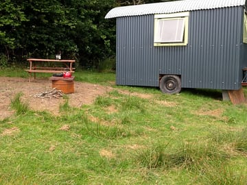 Shepherd's hut showing fire pit and picnic bench