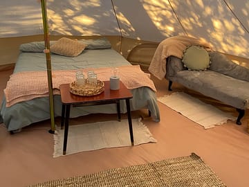 Inside the tent on a sunny day