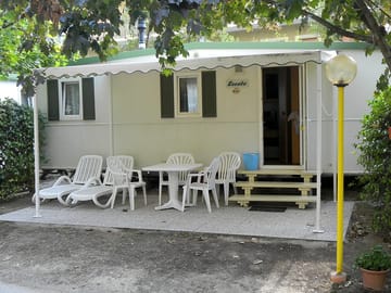 The patio outside a caravan